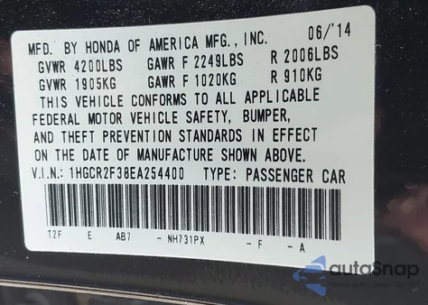 2014 Honda Accord Lx from USA, damaged, VIN 1HGCR2F38EA254400